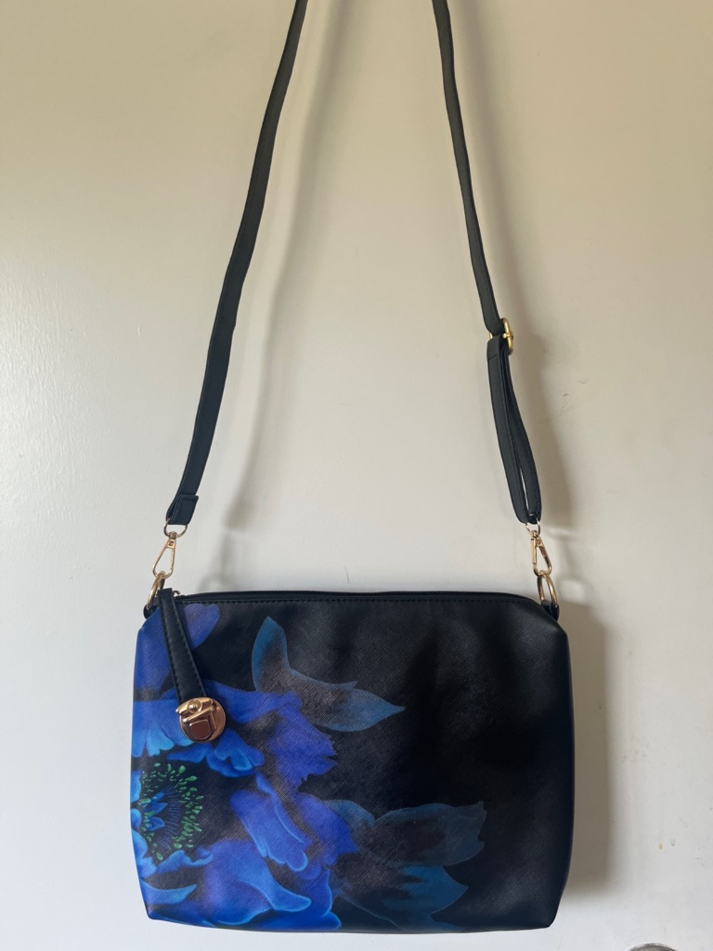 Blue on black poppy vinyl Floral Crossbody Bag with adjustable strap